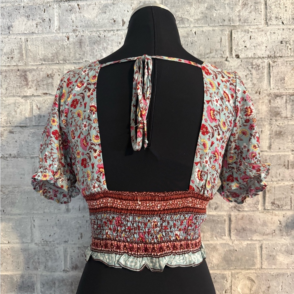 miami Floral Smocked Crop Top - Light Blue with Pink/Red Accents - Picture 2 of 5